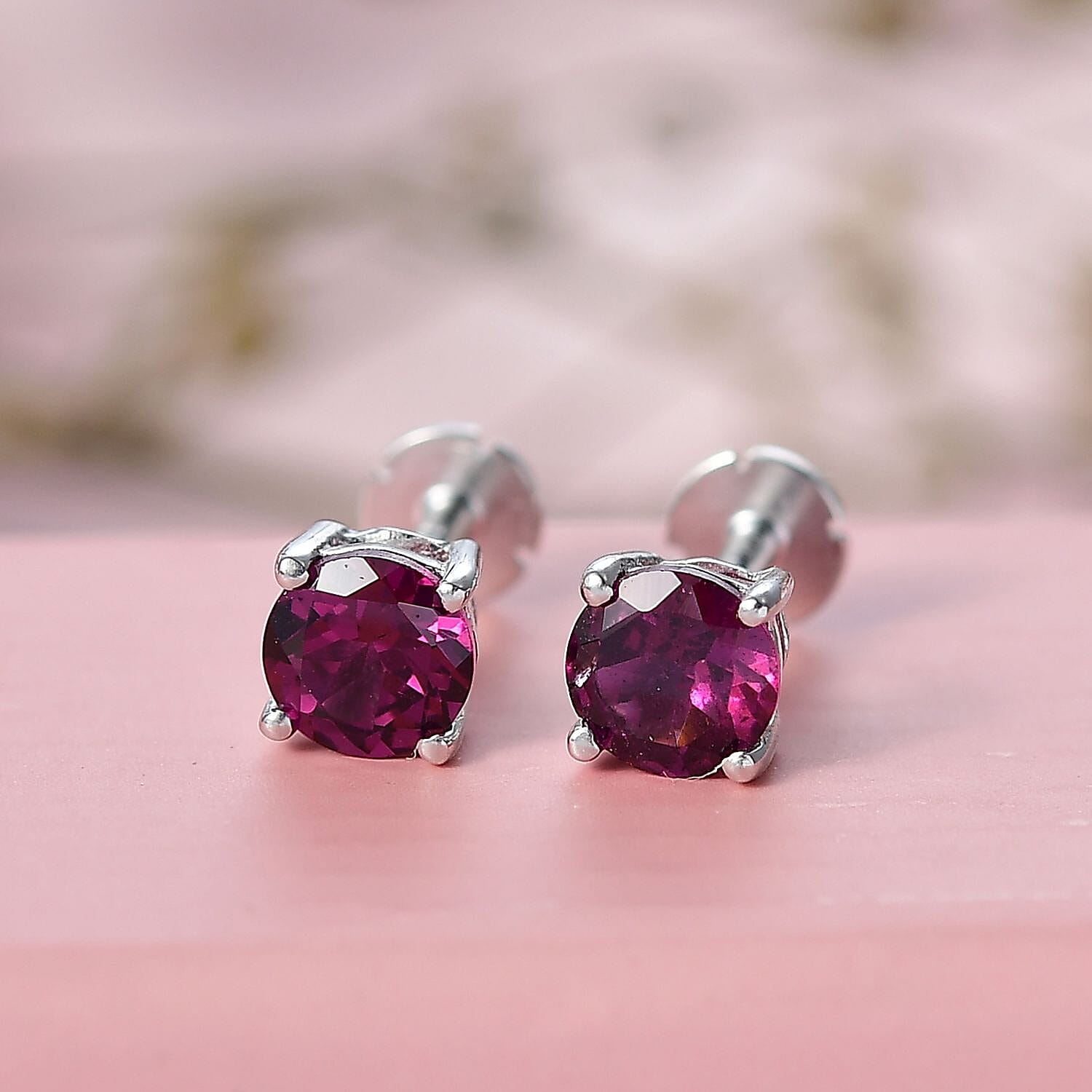 Rhodolite Garnet Earring with Screw Back in Rhodium Overlay Sterling Silver 1.26 Ct.